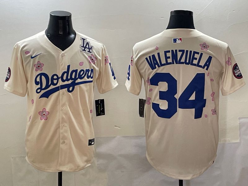Men Los Angeles Dodgers 34 Valenzuela Cream White Blue Sakura Edition 2025 Nike MLB Jersey style 9